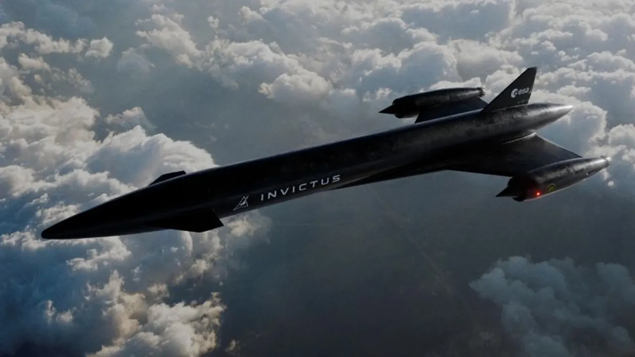 Concept illustration of a slender hypersonic aircraft flying at high altitude above the Earth's curvature.