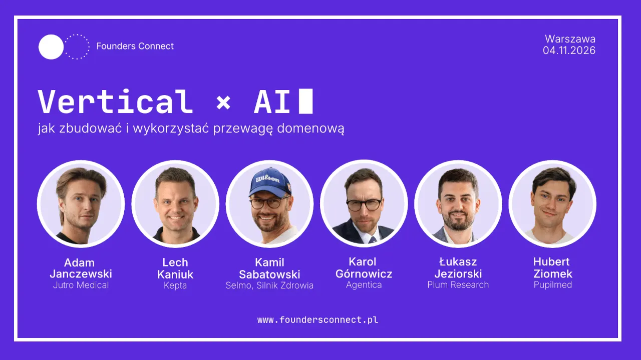 Speakers on stage at a startup networking event in Warsaw with founders in the audience.