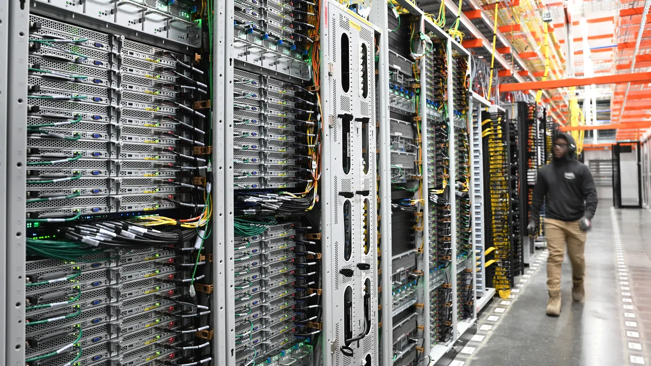 Rows of Nvidia server racks stored in a large warehouse, waiting to be installed in a data center.