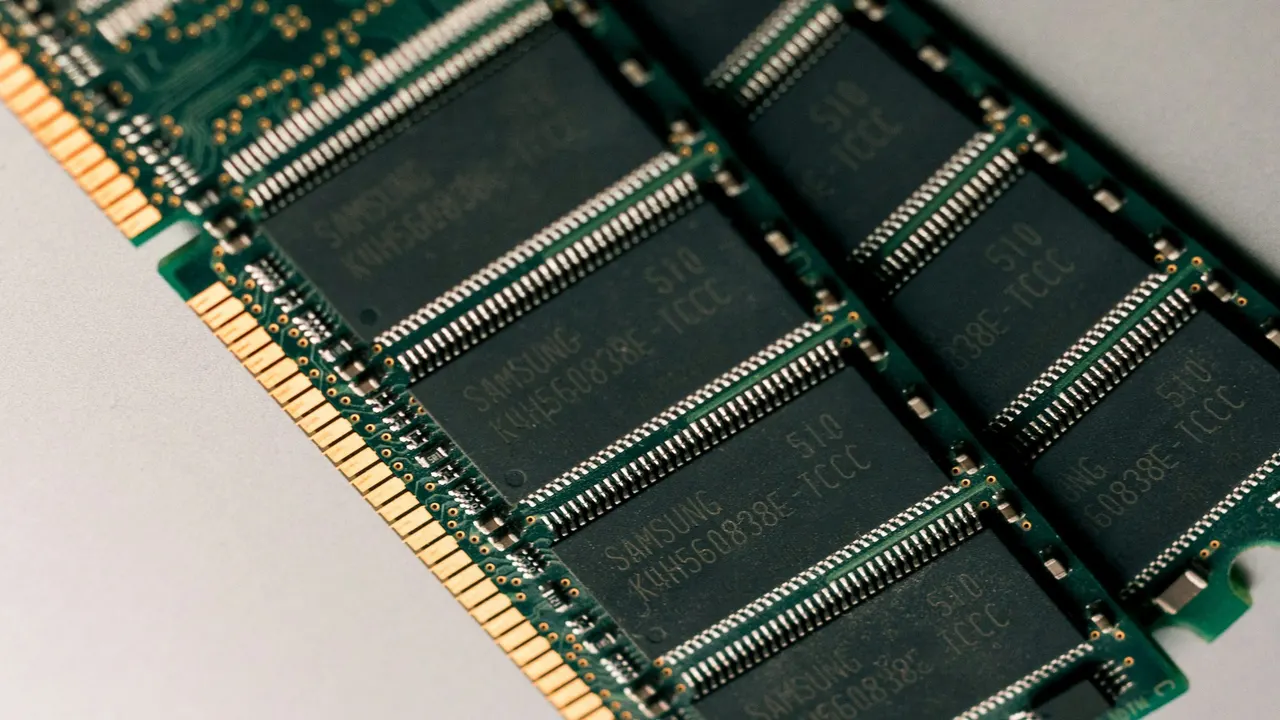 Samsung memory chips and RAM modules on a circuit board in front of a data center server rack.