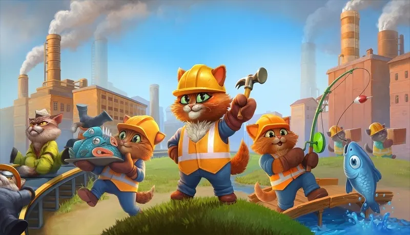 Cats working on a conveyor belt in a colorful factory scene from the simulator MeowFactory.