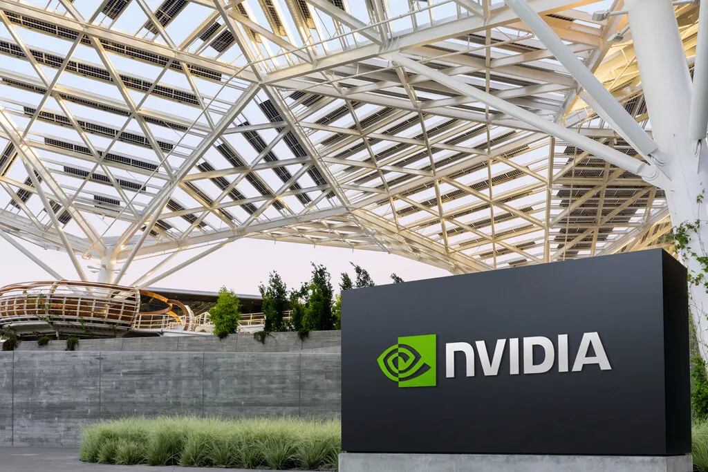 Close-up of an Nvidia AI accelerator chip with advanced packaging on a circuit board in a data center setting.