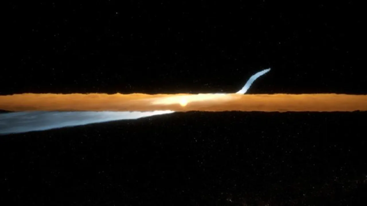 Infrared image of the dusty disk around Beta Pictoris with a faint tail-shaped dust plume extending outward.