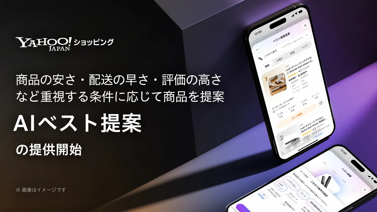Smartphone showing a Yahoo! Shopping product ranking screen with tabs for price, delivery, rating and best overall.