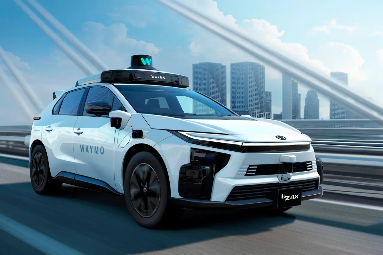 A Toyota bZ4X electric SUV fitted with autonomous driving sensors, prepared for use as a Waymo robotaxi in Japan.