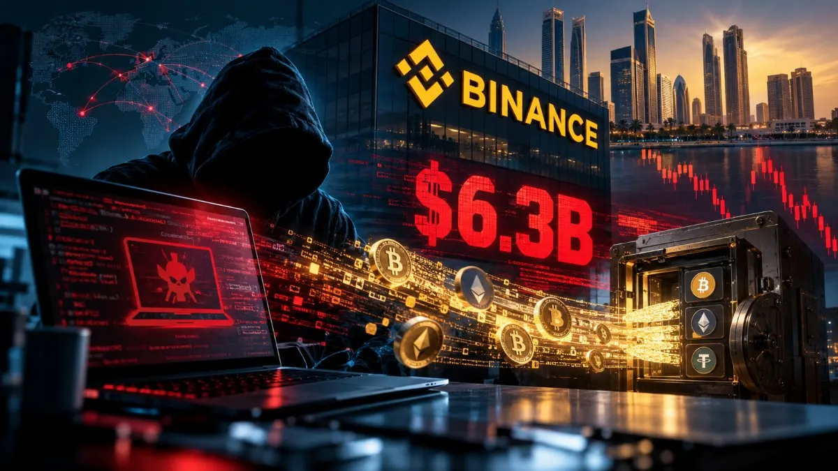 A laptop with a cracked padlock icon on screen in front of a blurred cryptocurrency exchange dashboard.