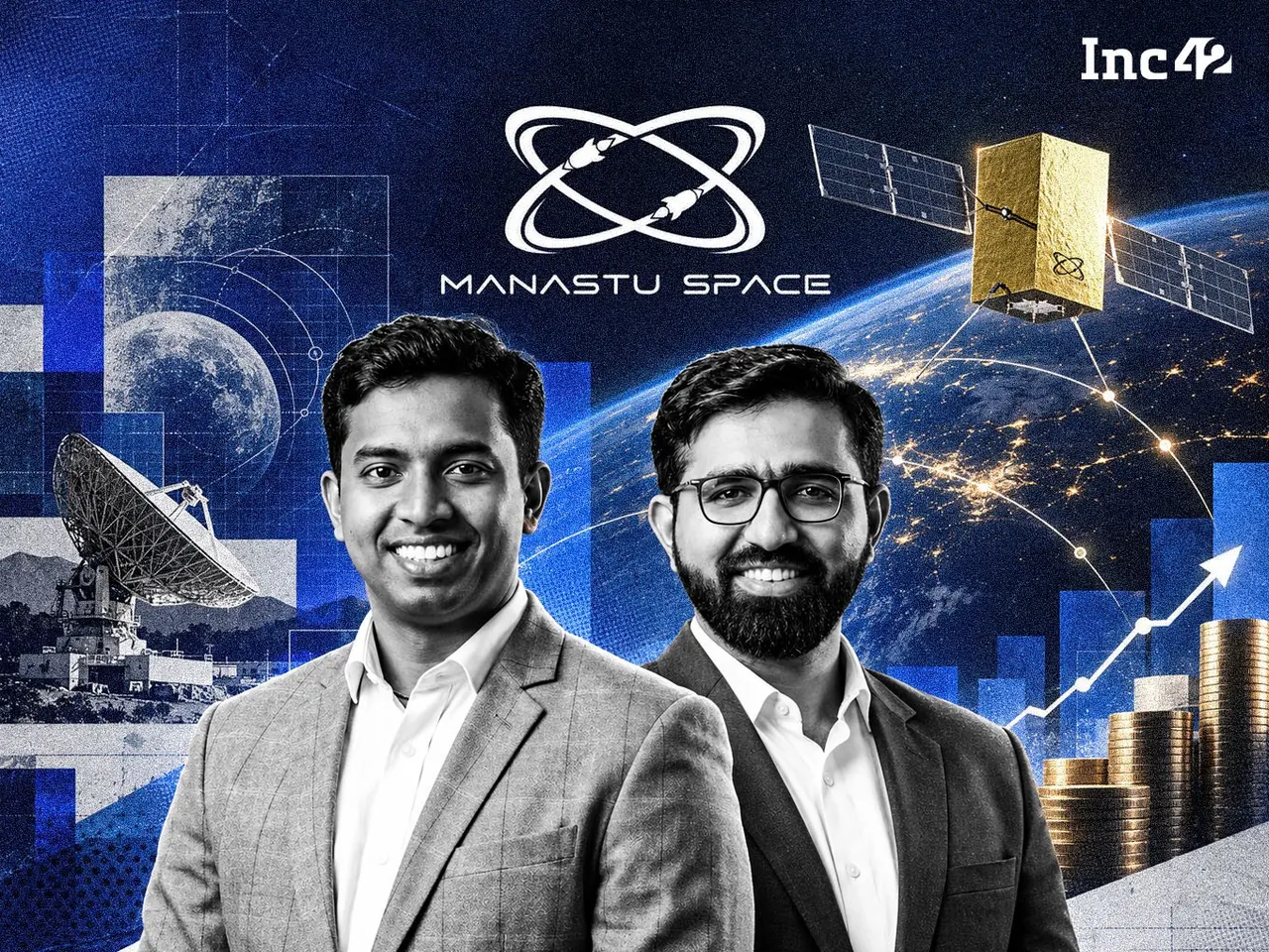 A small satellite in orbit above Earth, illustrating green propulsion technology developed by Indian startup Manastu Space.