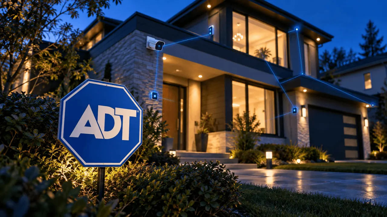 A home security keypad and smart home devices on a wall, representing ADT's alarm and monitoring services.