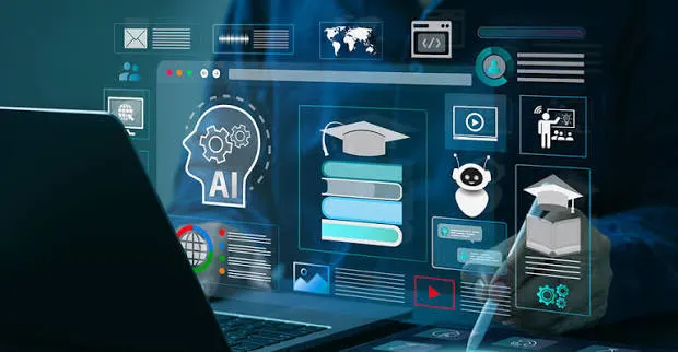 A university graduate standing beside a glowing digital avatar representing a personal AI twin in a modern lecture hall.