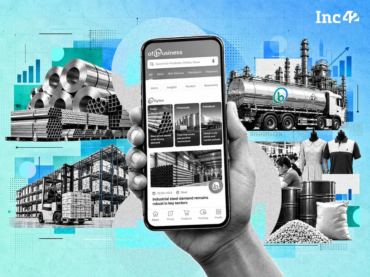 Steel coils and a digital lending dashboard illustrating OfBusiness's commerce and financing operations ahead of its IPO.