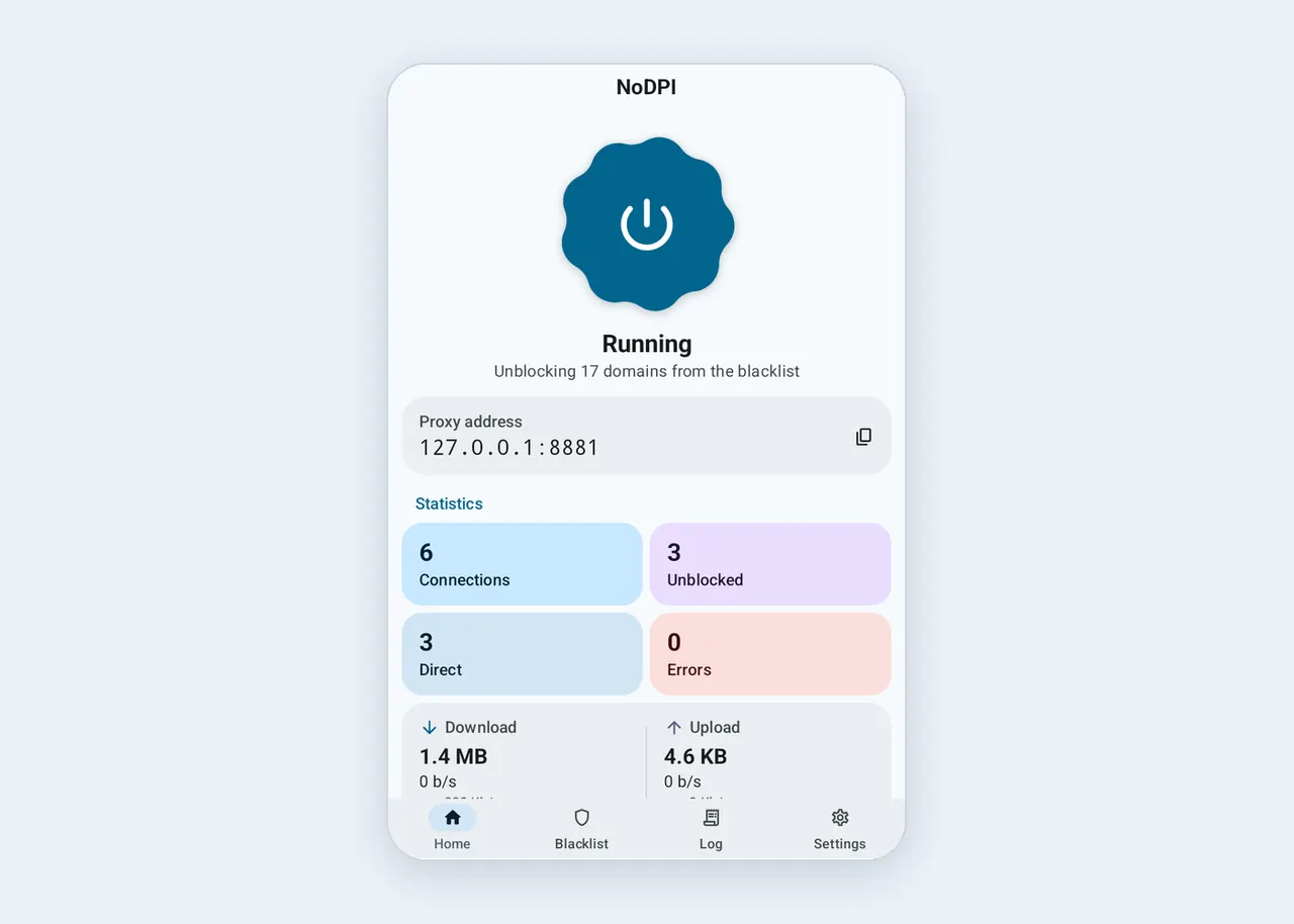 A smartphone showing a dark-themed Android app with a connection log and traffic statistics.
