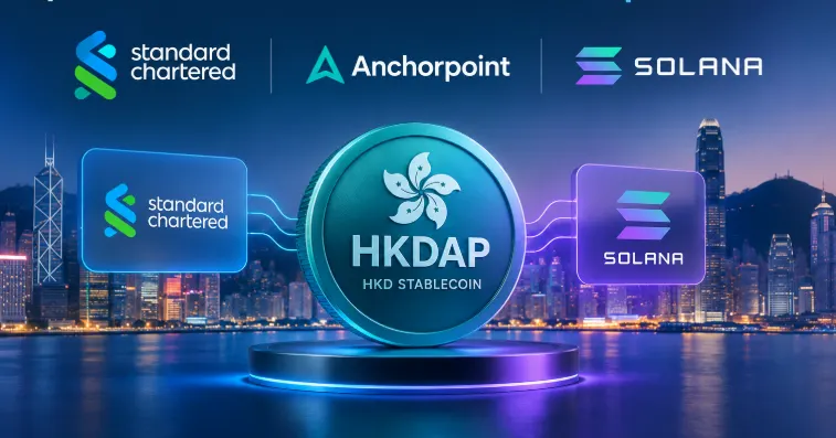 Illustration of a stablecoin token connecting to the Solana blockchain network with a Hong Kong skyline in the background.