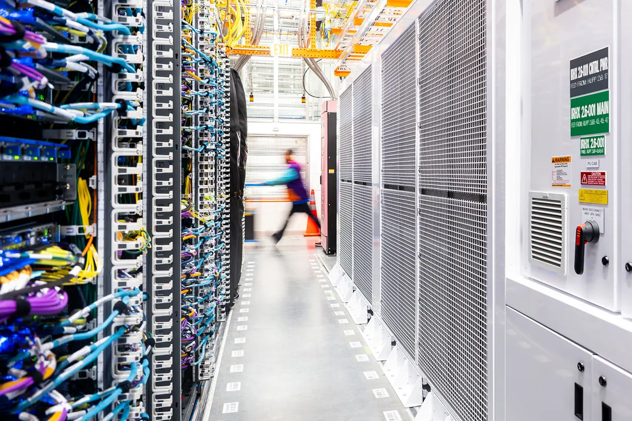 Rows of servers in an Amazon Web Services data center, symbolizing cloud infrastructure for artificial intelligence.