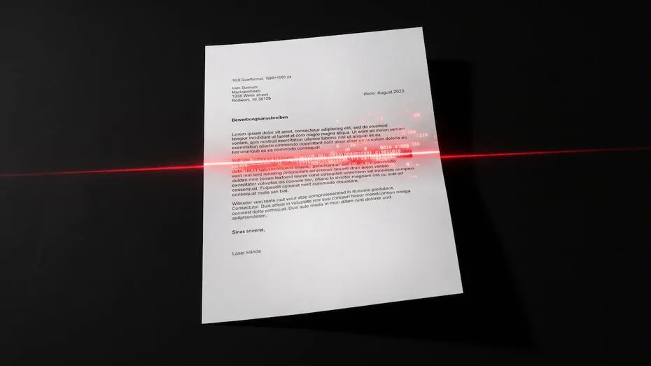 A job applicant reviews a CV on a laptop while an AI screening system highlights keywords on the screen.