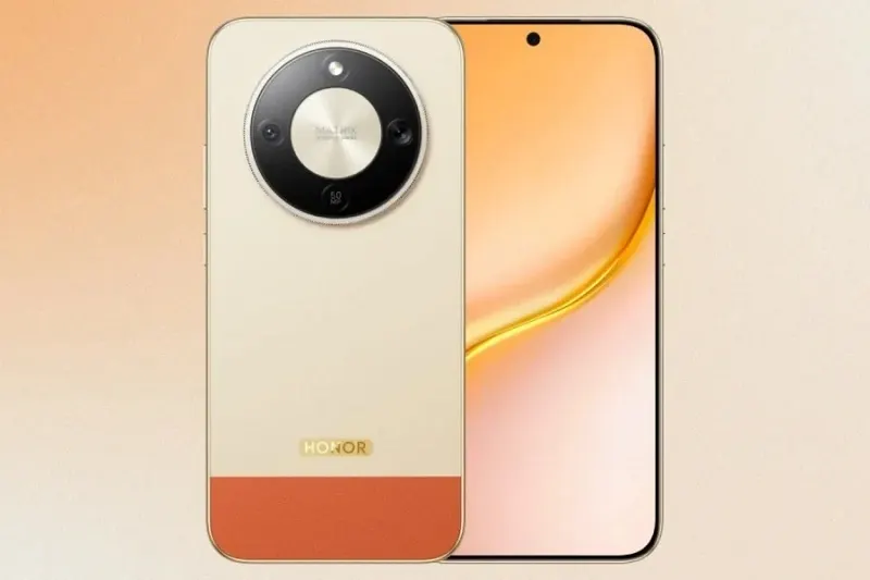 Honor X9e s smartphone shown from the front and back with its large OLED display and dual rear camera.