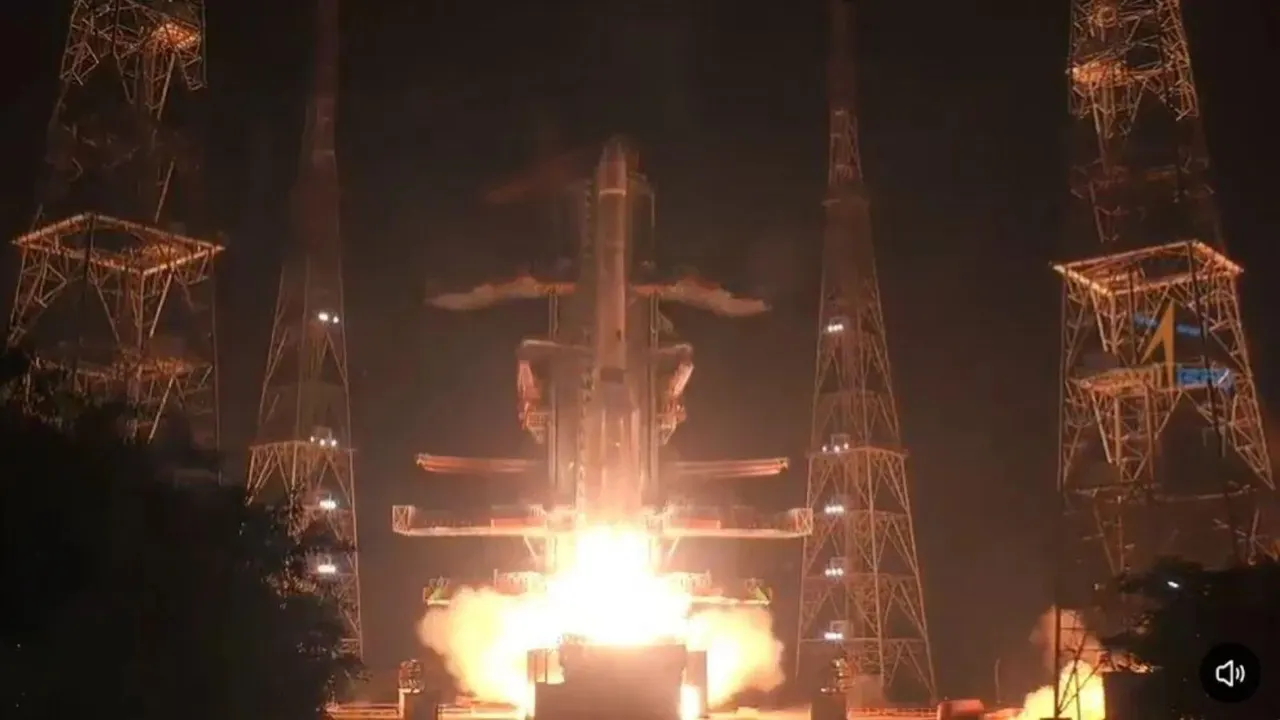 A rocket lifting off from the second launch pad at the Satish Dhawan Space Centre in Sriharikota at night, carrying the NVS-03 navigation satellite.