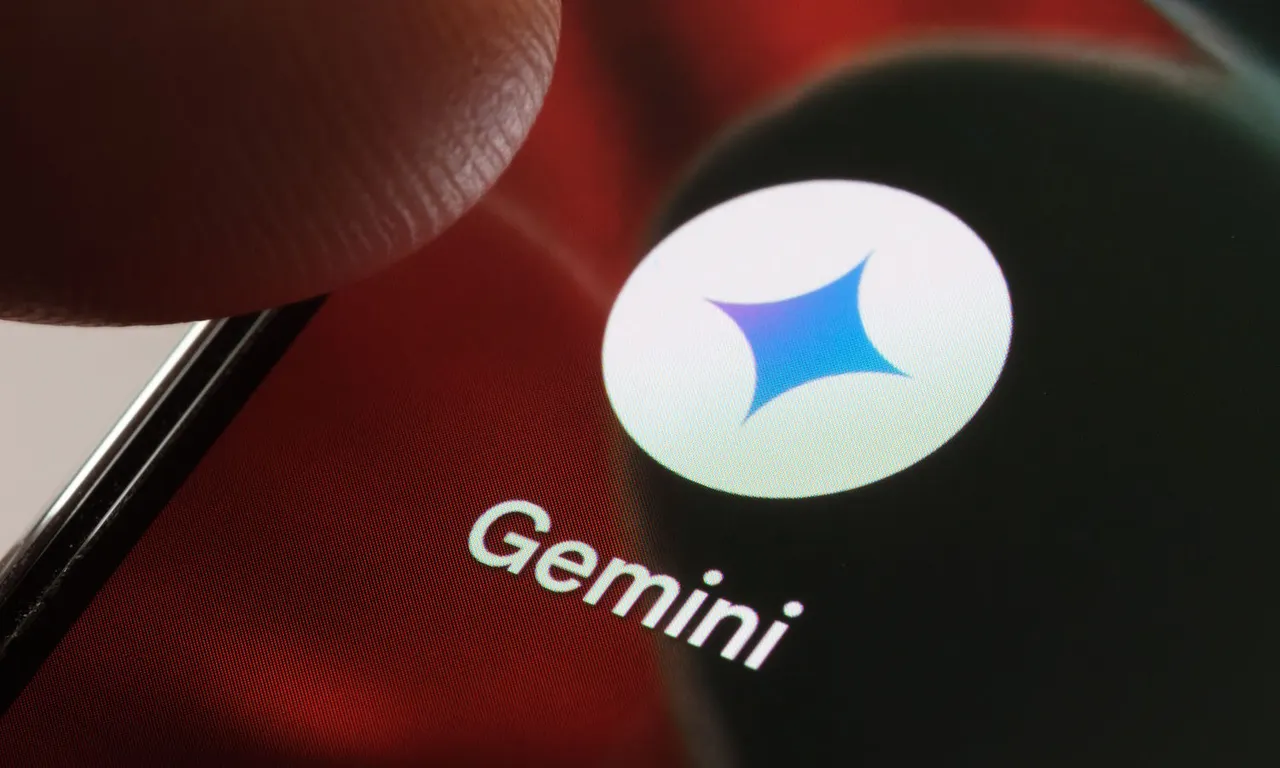 Smartphone showing the Gemini app on Android with a semi-transparent prompt box over a dotted background.