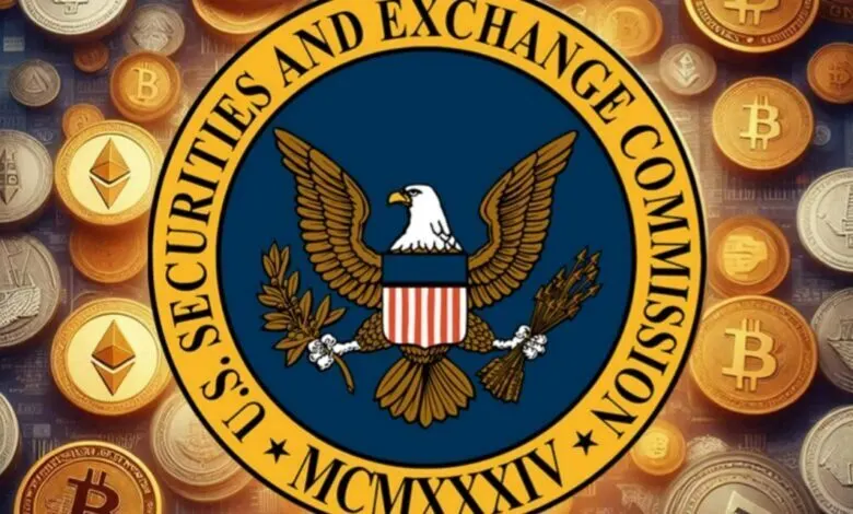 The SEC headquarters building with a digital chart of prediction market odds overlaid on the image.
