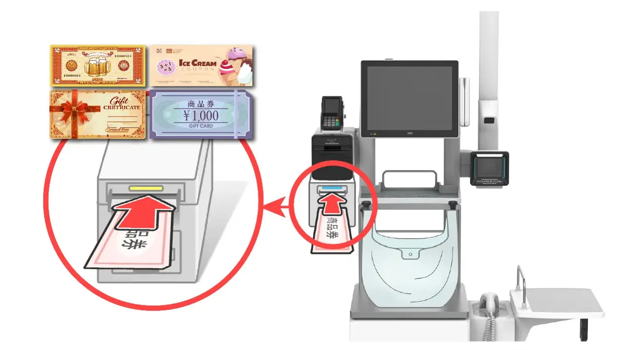 Shopper using a self-checkout terminal in a Japanese supermarket with a gift certificate reader beside the POS screen.