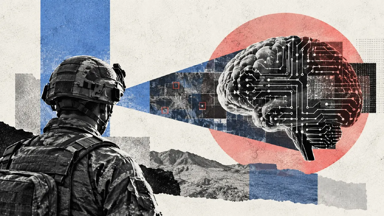 French military personnel working with AI systems at a defence command centre with digital maps and data screens.
