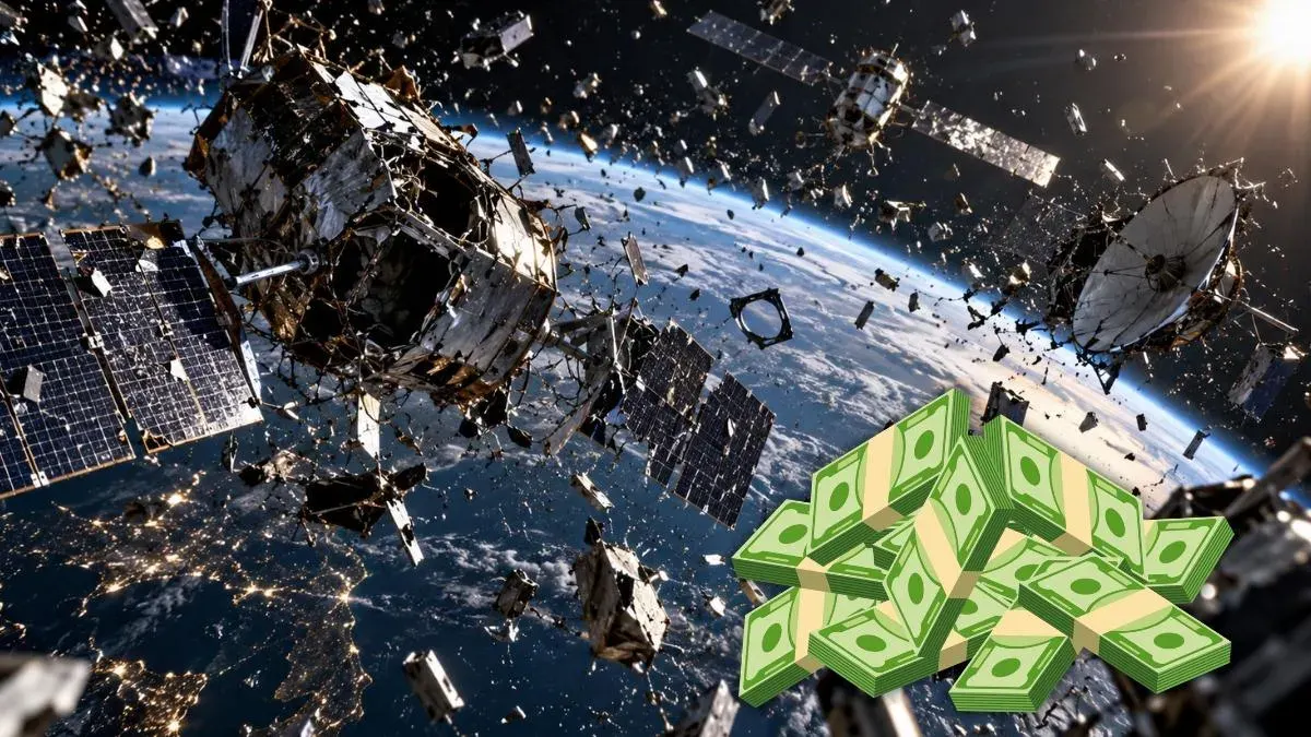Illustration of satellites and space debris orbiting Earth, with a cloud of fragments around the planet.