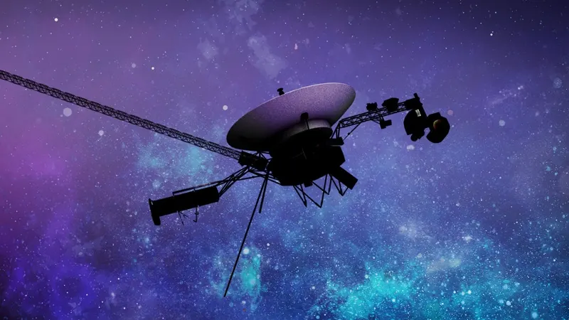 Illustration of the Voyager 1 spacecraft traveling through interstellar space far from the Sun.