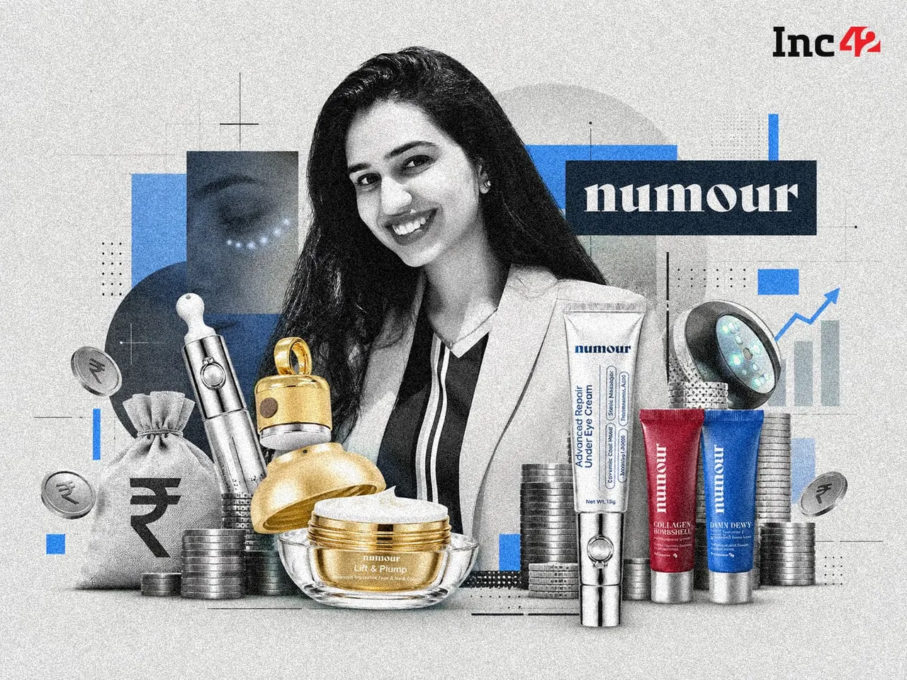 Skincare serums and an LED facial device from a D2C beauty brand arranged on a light surface.