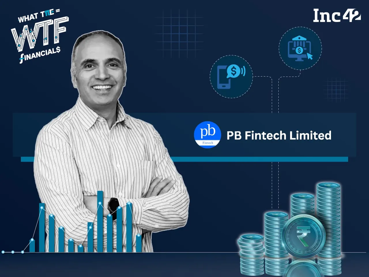 PolicyBazaar and Paisabazaar branding on a smartphone beside charts showing PB Fintech's quarterly profit growth.
