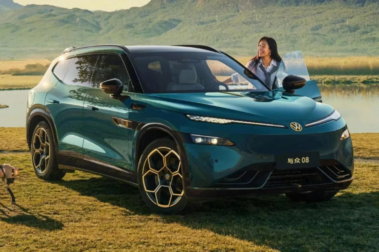 A Volkswagen ID. Unyx 08 electric SUV parked in a showroom in China.