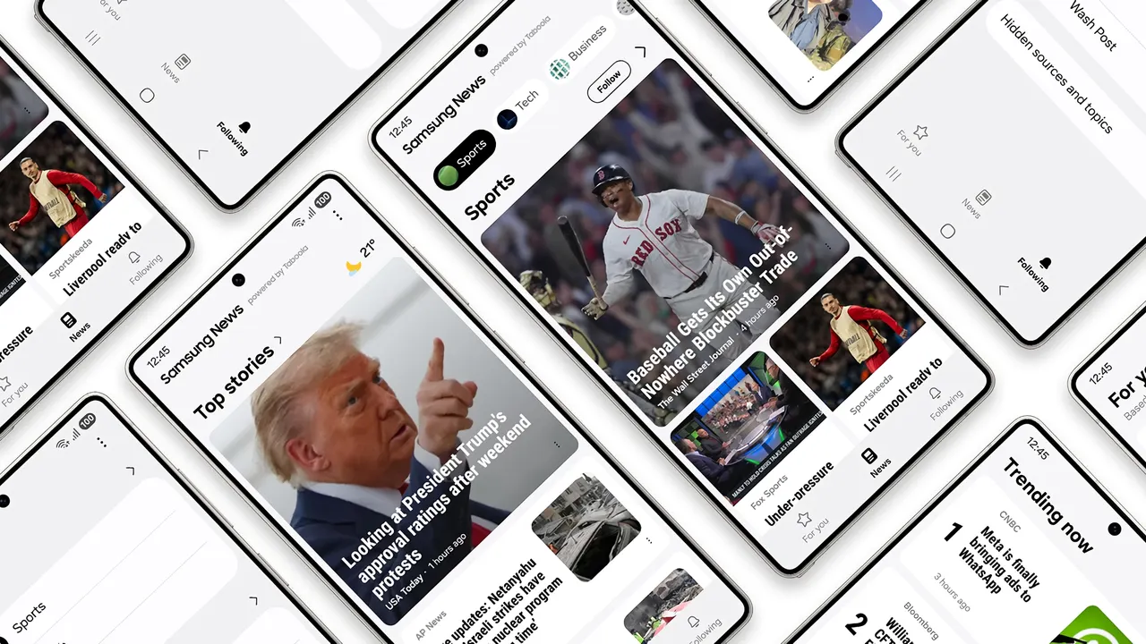 A Samsung Galaxy smartphone showing a news feed on its home screen next to the left-edge news panel.