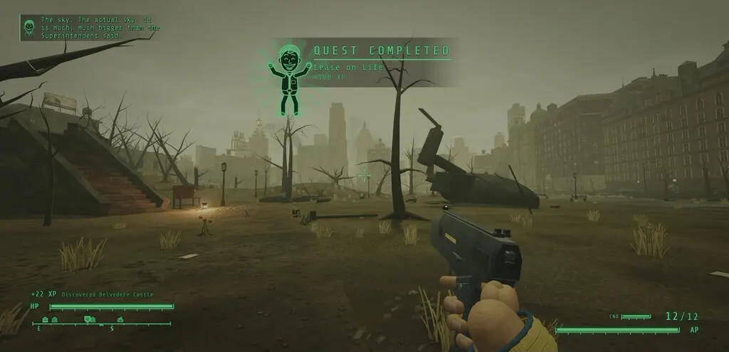 A retro-futuristic Pip-Boy wrist device displaying a post-apocalyptic New York skyline on its screen.