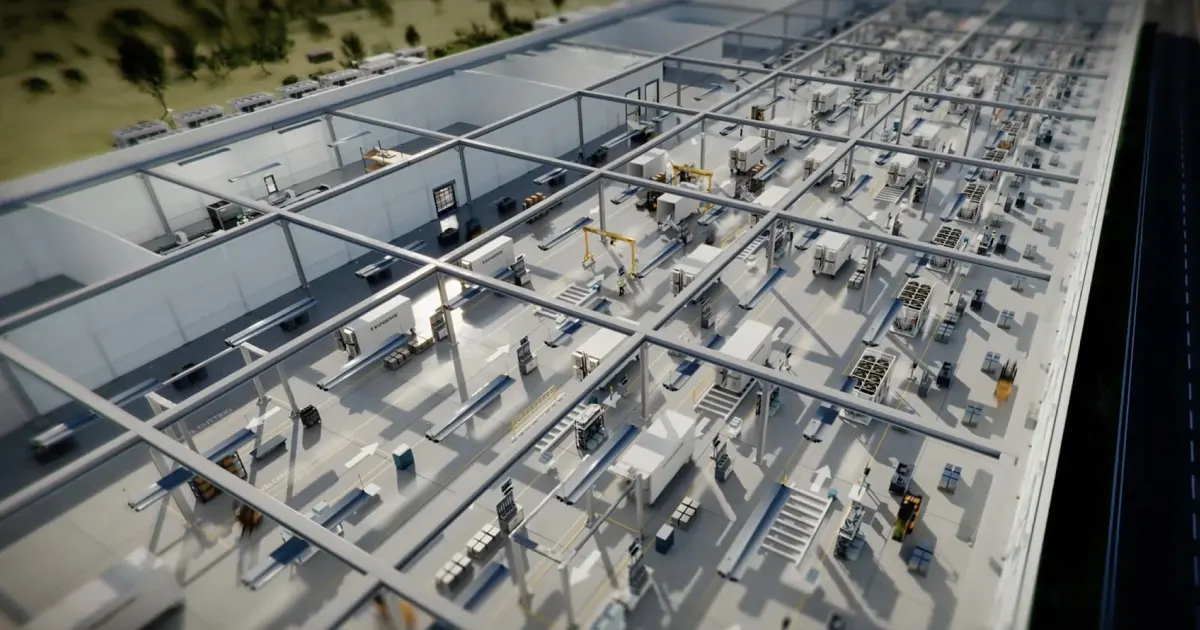 Rows of prefabricated modular AI data center pods being assembled on a factory production line.