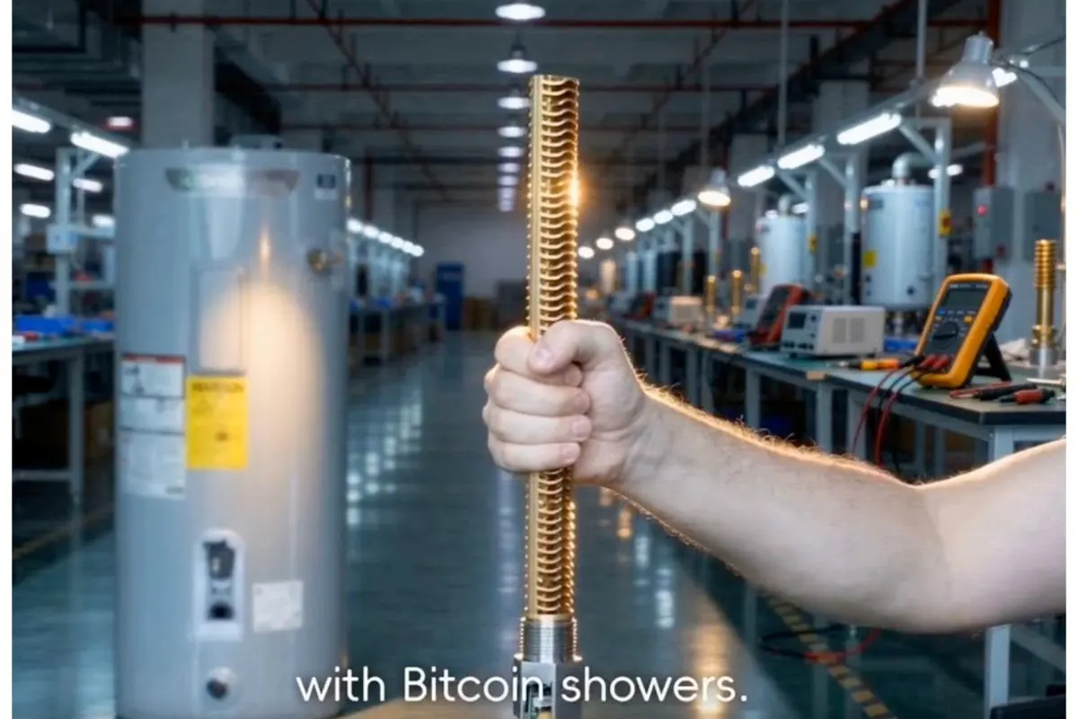 A water heater element with built-in Bitcoin mining chips being screwed into an electric hot water tank.