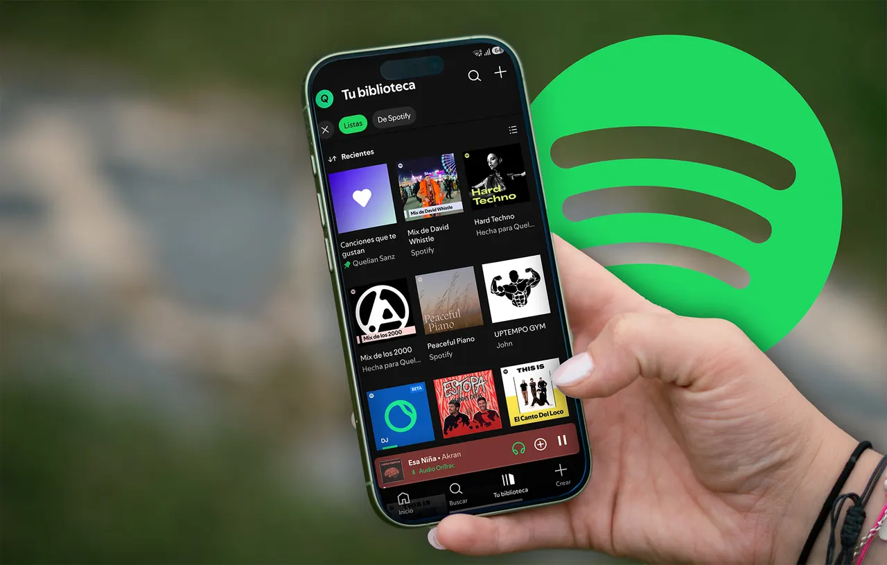 Smartphone showing the Spotify app with headphones and abstract sound waves symbolizing AI-generated music remixes.