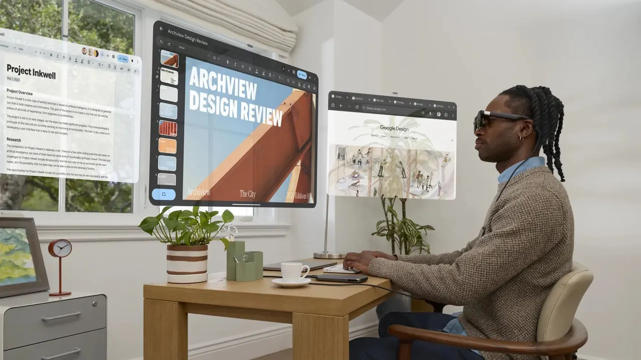 Xreal Aura augmented reality glasses with a cable connecting to a smartphone-sized compute module.