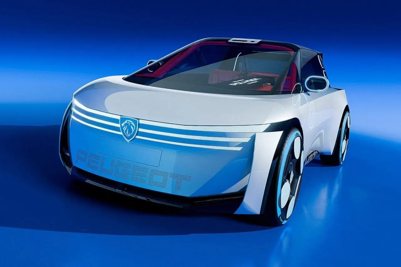 Front view of a Peugeot compact car concept with three horizontal light bands across its nose.