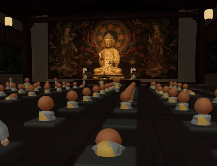 Illustration of a virtual Buddhist temple hall in a forest with a large Buddha statue and small monk-like characters sitting on cushions.