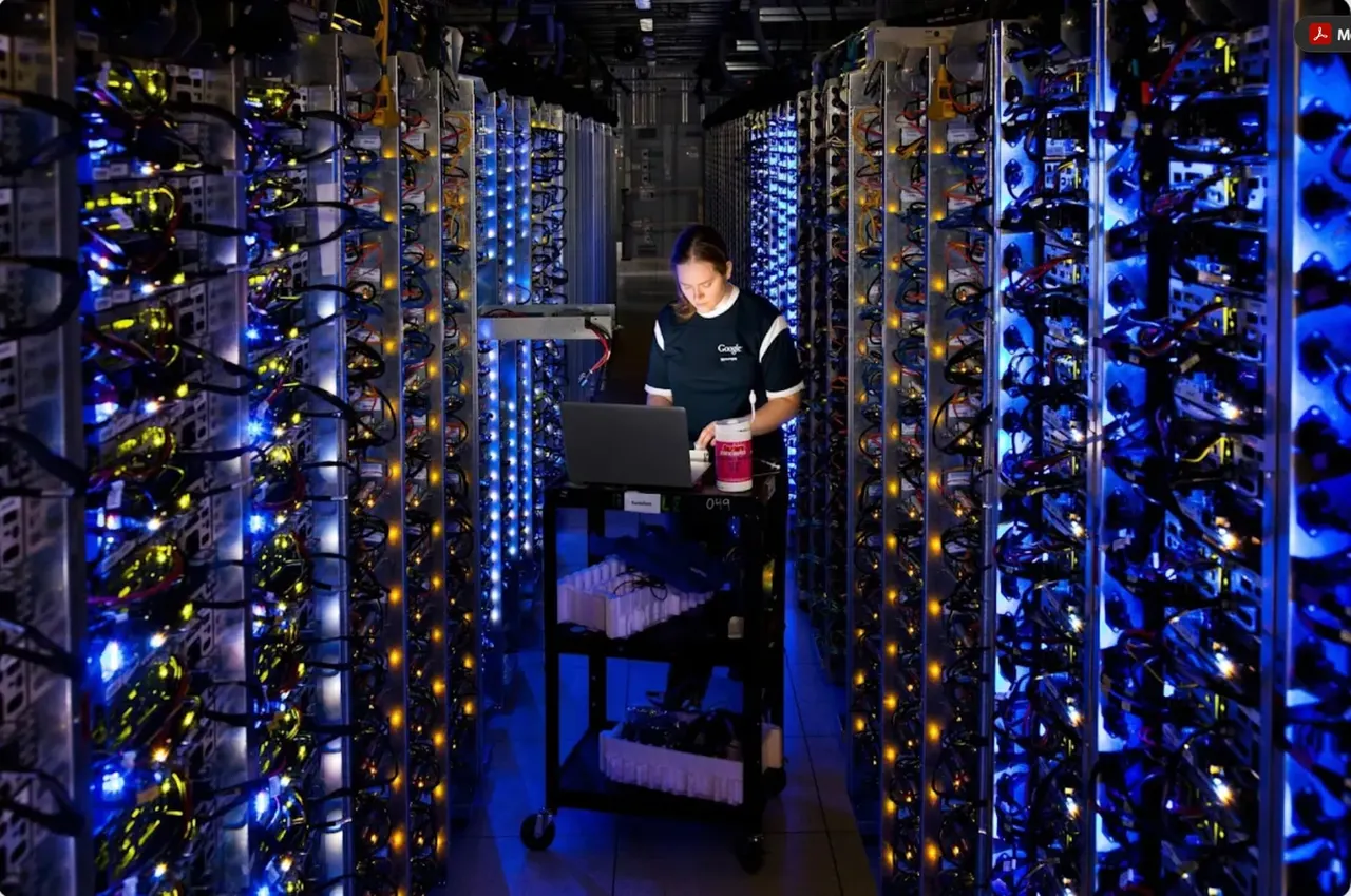 Google Cloud logo displayed in front of a rising revenue chart in a data center setting.