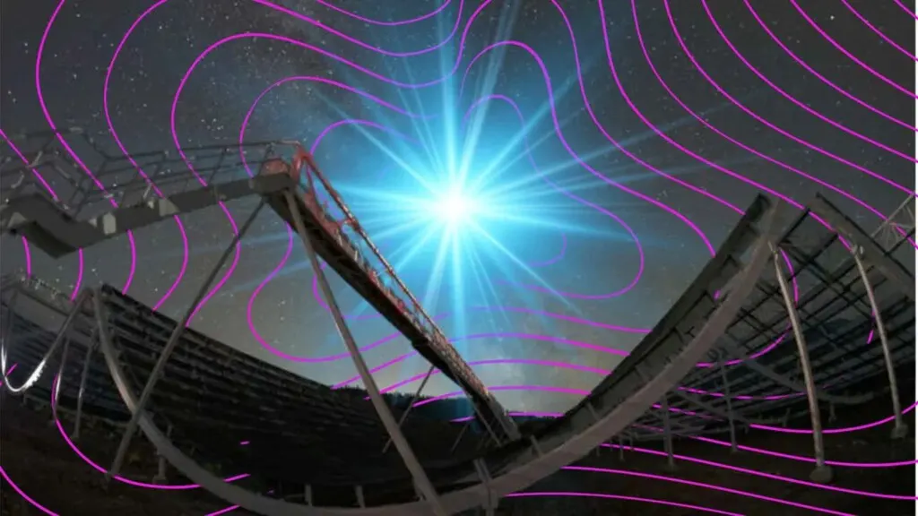 Radio telescope array of the CHIME experiment under a starry sky, used to map neutral hydrogen across the universe.