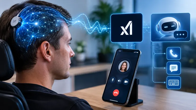 Illustration of a brain implant connected to a smartphone and an AI assistant, representing Neuralink's N1 interface.