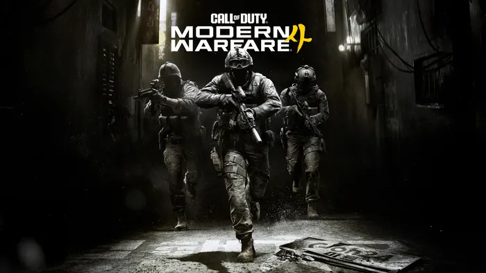 Call of Duty: Modern Warfare 4 game logo on a screen with a soldier silhouette in a dark cinematic scene.