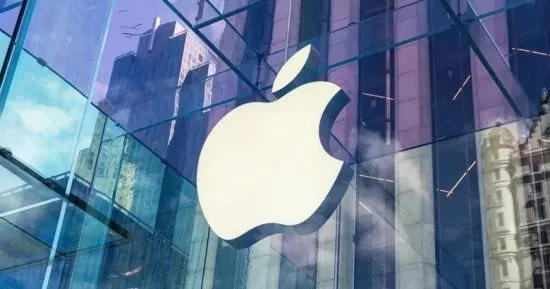 Apple logo on a building facade next to abstract data pipeline graphics representing AI-driven data engineering.