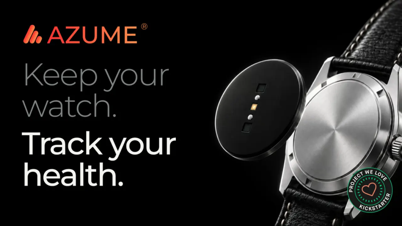 A slim disc-shaped fitness tracker attached to the case back of a classic analog wristwatch.